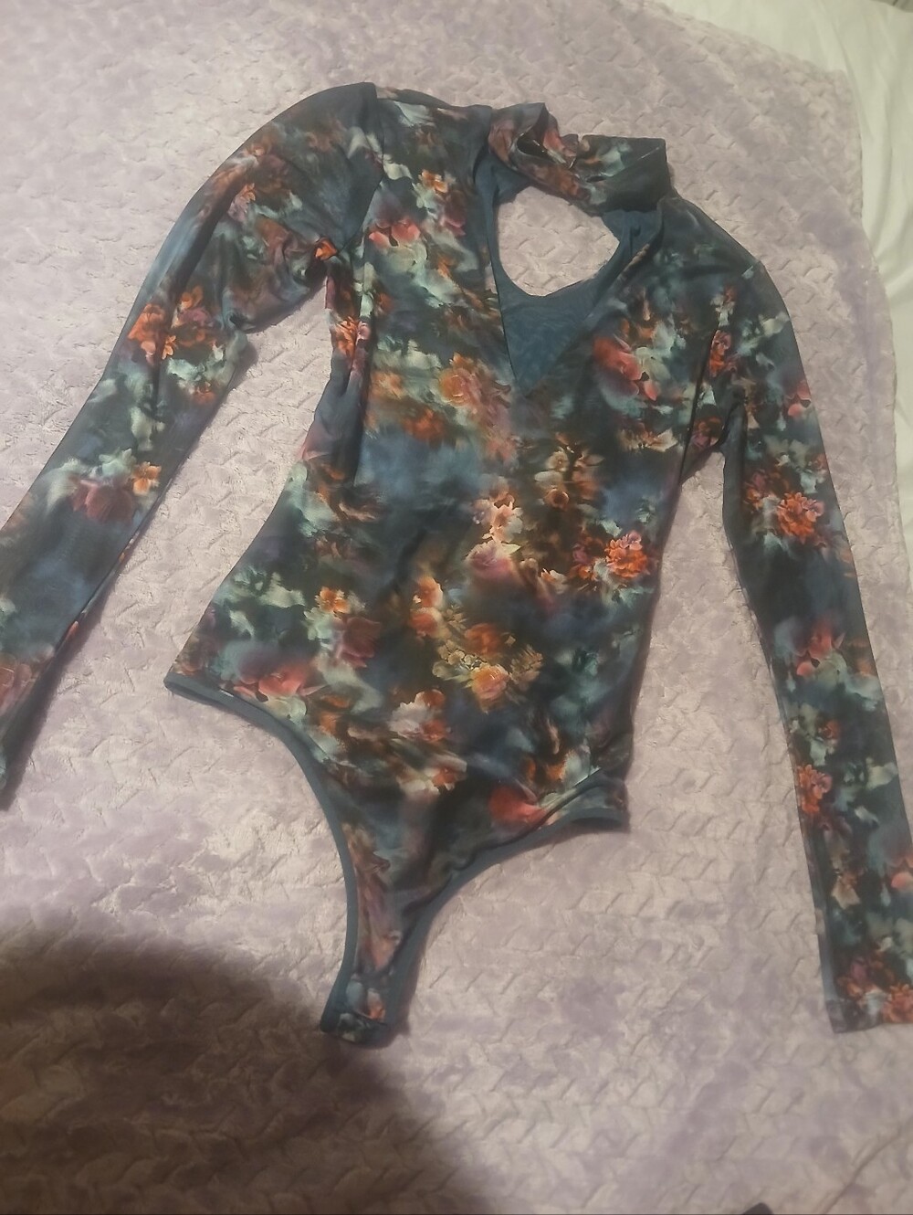 bebe Teal Floral Long-Sleeve Bodysuit